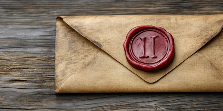 Elegant Vintage Envelope with Red Wax Seal on a Rustic Wooden Surface, Timeless Charm and Appealの素材