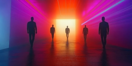 Silhouetted figures navigating a vibrant neon-lined digital corridor, exploring future technology.の素材