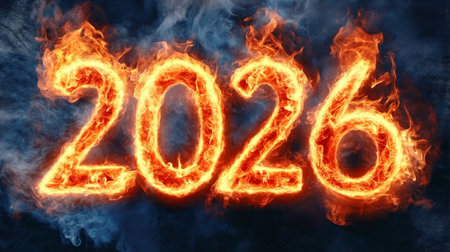 Mysterious flames sculpting the 2026 numerals, illuminating dark smoky backgrounds artistically.の素材