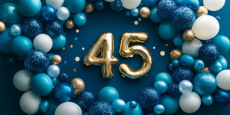Elegant 45th Birthday Celebration with Golden Balloons, Teal Confetti, and Festive Decorationsの素材