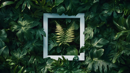 Botanical Serenity A Square Frame Surrounded by Lush Greenery, Showcasing an Isolated Fern s Beautyの素材