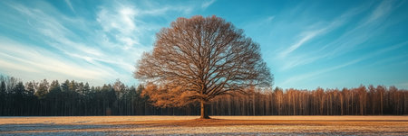 Majestic Winter Landscape with a Solitary Deciduous Tree Surrounded by Snowy Forest and Skyの素材