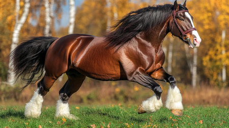 Majestic Clydesdale Trotting Gracefully Through Colorful Autumn Woods Surrounded by Vibrant Foliageの素材