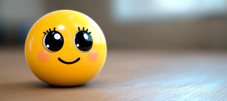 Bright and Cheerful 3D Yellow Emoji with a Huge Smile and Wide Black Eyes on a Wooden Backgroundの素材