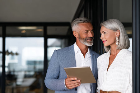 Confident Team Collaborating on Innovative Business Strategies Using a Tablet App for Successの素材