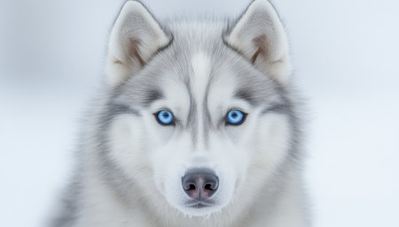 Majestic Siberian Husky Close-Up Captivating Portrait of Stunning Canine with Striking Blue Eyesの素材