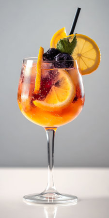 Refreshing summer spritzer in a stylish glass, with citrus fruits and bubbles for gatherings.の素材