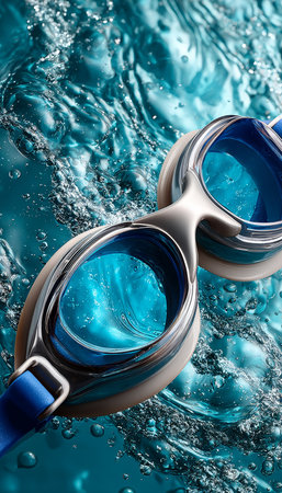Colorful Swimming Accessories Including Goggles and Floats in a Sparkling Blue Pool Under Sunlightの素材