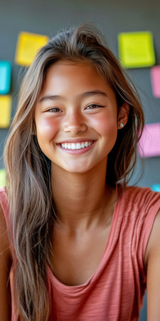 Cheerful Asian Teenage Girl Smiling Confidently in Vibrant Classroom Full of Colorful Study Notesの素材