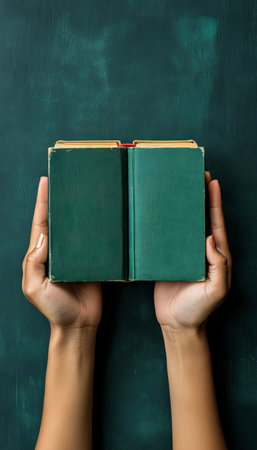 Hands Holding an Antique Green Hardback Book, Representing a Love for Literature and Historyの素材