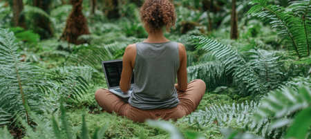 A Serene Workspace Amidst Lush Greenery, Embracing Nature for Enhanced Productivity and Focusの素材