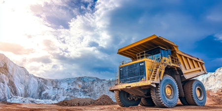 Powerful Yellow Mining Dumper Machine Operating in Rugged Mine Surrounded by Stone Cliffs and Rocksの素材