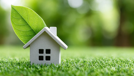 Sustainable Living Concept Featuring Leaf, Minimal House Model, and Green Lawn for Eco-Friendly Lifeの素材