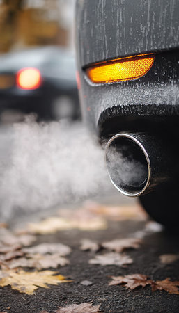 Vehicle Exhaust Pipe Emitting Fumes on a Cold Winter Day, Highlighting Automotive Emission Issuesの素材