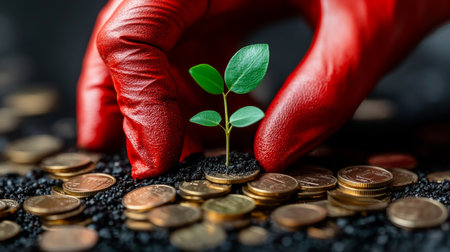 Hope Sprouts From Coins, Representing Sustainable Investment in Future with Green Seedling Growthの素材
