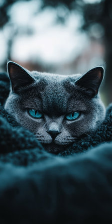 Majestic Gray-Furred Contemplative Cat With Striking Blue Eyes, Enveloped in Cool Tones and Serenityの素材