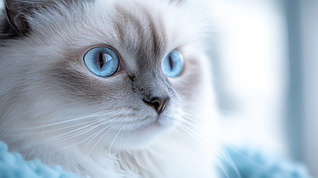 Elegant Himalayan Cat with Captivating Blue Eyes and Luxurious Fluffy Fur in Close-Up Portraitの素材