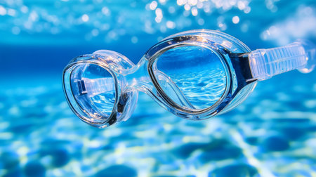 Colorful Swimming Goggles Floating in Crystal Clear Water, Symbolizing Fun and Safety in Swimmingの素材