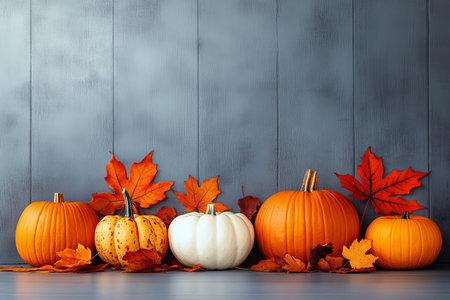 Beautiful autumn still life arrangement with pumpkins, colorful leaves, and warm seasonal decor.の素材