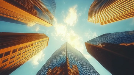 Stunning View of Tall Glass Buildings Reflecting Sunlight in Urban Business District at Sunsetの素材