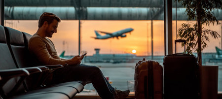 Businessman in Airport Terminal at Sunset, Using Mobile Phone While Awaiting Departure with Luggageの素材