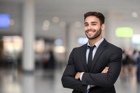 Confident dark-haired business professional with beard, showcasing expertise in bright venue.の素材