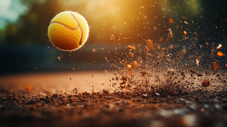 A Vibrant Yellow Tennis Ball Bounces on the Earth-Toned Clay Court During an Intense Match Momentの素材