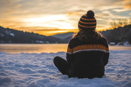 Warmly Dressed Woman Sitting on Snowy Landscape Gazing at Dramatic Sunrise During Winter Vacationの素材