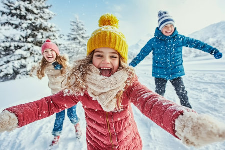 Joyful Children Engaged in a Fun Snowball Fight Outdoors, Embracing Winter s Playful Spirit Togetherの素材
