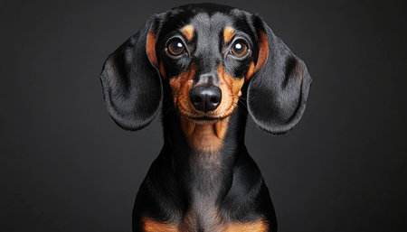 Charming Close-Up of a Playful Dachshund with Big, Expressive Eyes Against a Soft Gray Backgroundの素材