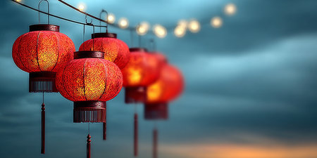 Vibrant Red Chinese Lanterns Adorned with Twinkling Lights, Celebrating Cultural Traditions and Joyの素材