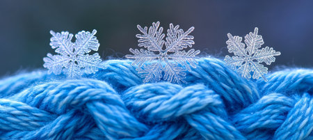 A Cozy Winter Scene with Delicate Snowflakes on Knitted Wool, Perfect for Seasonal Apparel Imageryの素材