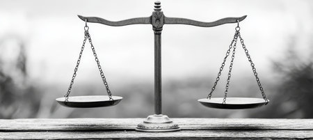 A Balanced Scale of Justice on a Wooden Table, Symbolizing Fairness and Equality in Law and Orderの素材