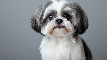 Charming Shih Tzu Dog with Big Expressive Eyes, Captivating Pose on a Soft Gray Background, Portraitの素材