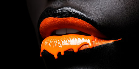 Extreme Close Up of Black Woman with Artistic Makeup and Vivid Colorful Dripping Lips Designの素材