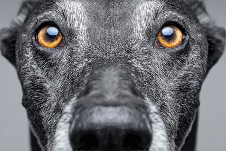 Studio Portrait of a Senior Greyhound, Capturing the Depth of Its Eyes and Tender Demeanorの素材