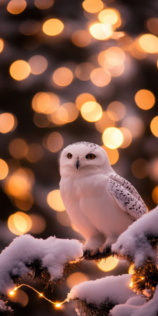 Snowy owl perched in a tranquil winter landscape adorned with sparkling Christmas lights bokeh glow.の素材