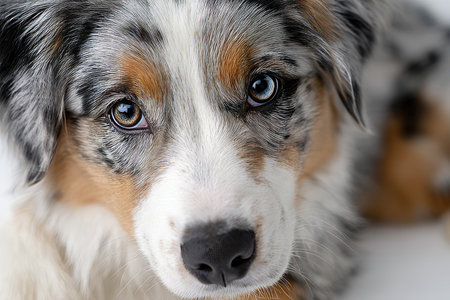 Charming Close-Up Portrait of a Playful Australian Shepherd on a Soft Neutral Backgroundの素材