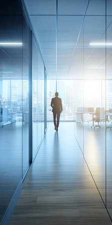 Professional strides in a bright office corridor, embodying determination and success towards goals.の素材