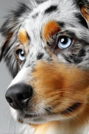 Intense Light-Eyed Australian Shepherd Portrait with Striking Markings on Gray Background.の素材