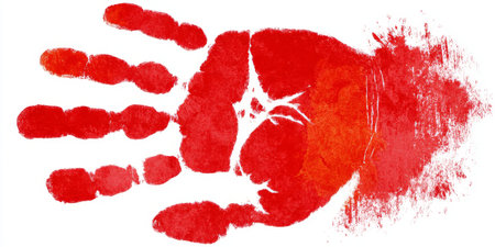 Grungy Red Handprint on White Canvas, Evoking Strong Warning of Danger and Crime Scene Alertの素材