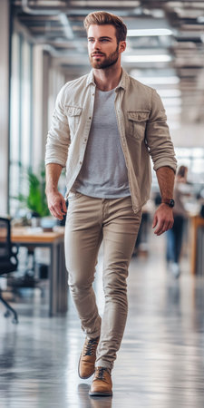Confident Young Man Walking with Style in a Modern Office Environment, Exuding Professionalismの素材