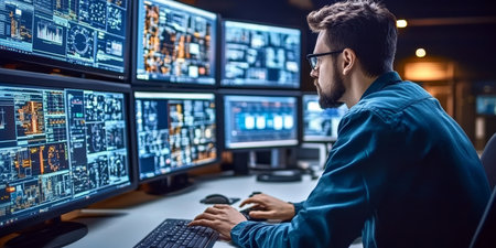 Engineer Analyzing Complex Data on Multiple Displays in a High-Tech Control Room Environmentの素材