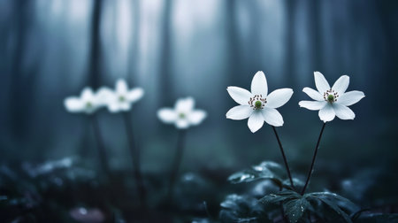 Wood Anemone Elegant White Flowers Blooming in the Moody Depths of a Tranquil Woodland Landscapeの素材