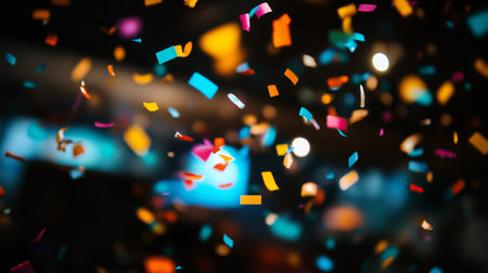 Vibrant Celebration Ambiance Featuring Colorful Falling Confetti Amidst Shimmering City Lightsの素材