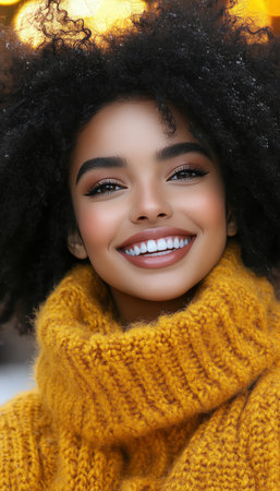 Cheerful woman smiling warmly in a cozy sweater, embracing a festive winter day outdoors.の素材