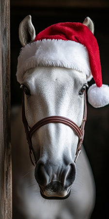 Festive white horse adorned with a Santa hat, ready to celebrate Christmas in the winter wonderland.の素材