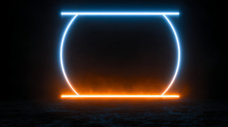 Vibrant Neon Abstraction with Rounded Glow Circle in Bright Orange and Blue on Dark Backgroundの素材