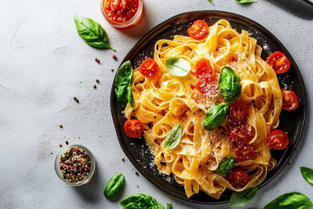 Freshly Made Pasta with Rich Tomato Sauce, Fresh Basil, and Grated Parmesan Cheese, Italian Delightの素材