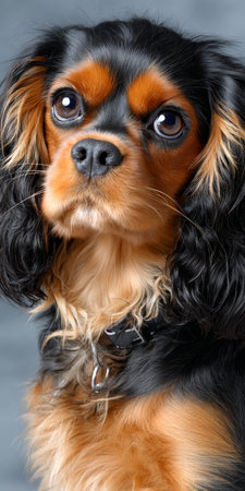 Charming Cocker Spaniel Portrait Expressive Canine Against Soft Gray Background for Art and Designの素材